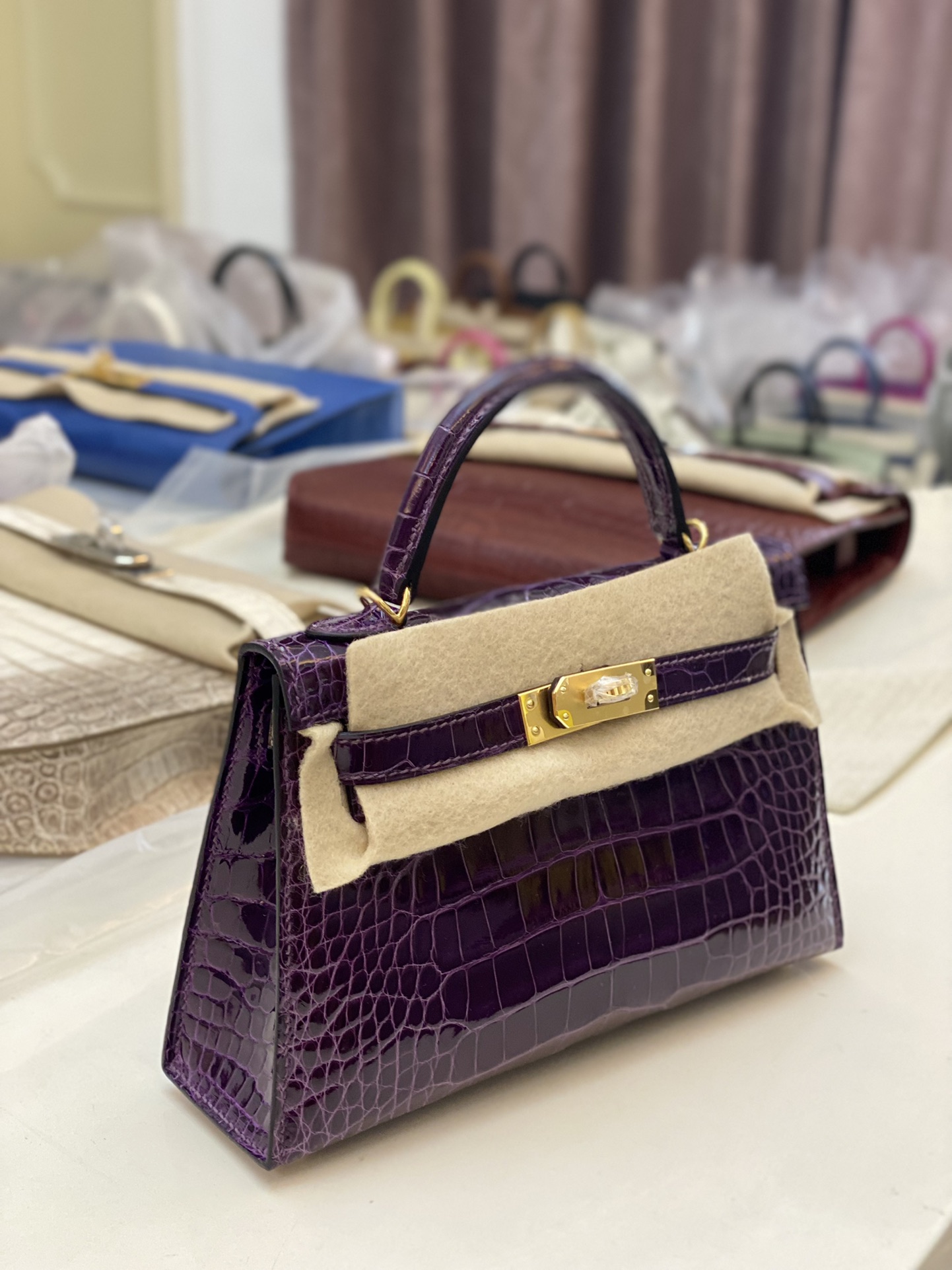 Hermes Kelly Mini II Bag 19CM In Dark Purple Shiny Alligator Leather